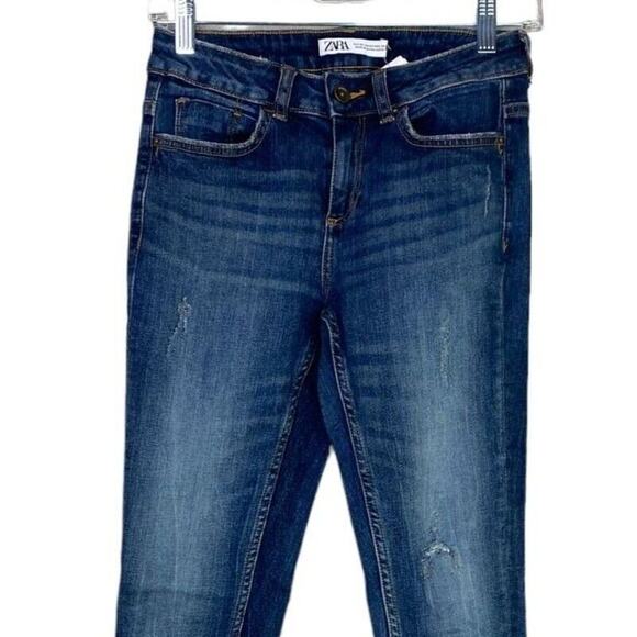 ZARA High Rise Semi Distressed Skinny Jean Pockets Stretch 2 Dark Wash #4034 - Picture 3 of 15
